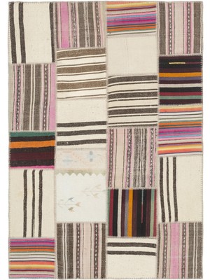 Teselya Bej Çizgili Etnik Modern Desenli Yün Hav Toz Vermez Leke Tutmayan Salon Yolluk Mutfak El Dokuma Halı