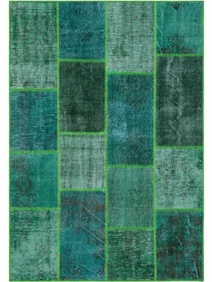 Iskece Yeşil Eskitme Etnik Modern Desenli Yün Hav Toz Vermez Leke Tutmayan Salon Yolluk Mutfak El Dokuma Halı