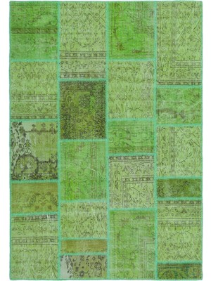 Iskece Yeşil Eskitme Etnik Modern Desenli Yün Hav Toz Vermez Leke Tutmayan Salon Yolluk Mutfak El Dokuma Halı