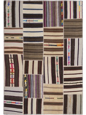 Teselya Bej Çizgili Etnik Modern Desenli Yün Hav Toz Vermez Leke Tutmayan Salon Yolluk Mutfak El Dokuma Halı