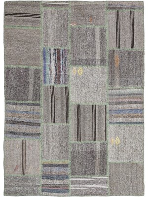 Bespoky 160x230 cm Bej Gri Yamalı (Patchwork) Bohem Geometrik Halı | Salon Yatak Odası Halısı | UNİQUE-1345