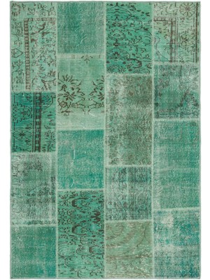 Iskece Yeşil Eskitme Etnik Modern Desenli Yün Hav Toz Vermez Leke Tutmayan Salon Yolluk Mutfak El Dokuma Halı