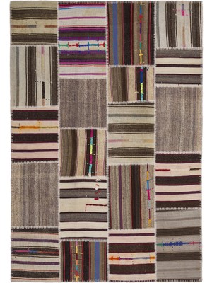 Bespoky 160x230 cm Bej Yama işi Patchwork Çizgili Halı | Salon Yatak Odası Halısı | UNİQUE-2257