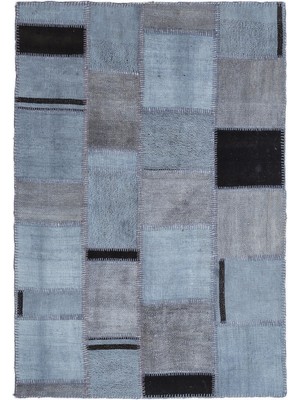 Teselya Mavi Patchwork Etnik Modern Desenli Yün Hav Toz Vermez Leke Tutmayan Salon Yolluk Mutfak El Dokuma Halı