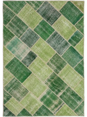 Iskece Yeşil Eskitme Etnik Modern Desenli Yün Hav Toz Vermez Leke Tutmayan Salon Yolluk Mutfak El Dokuma Halı