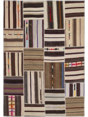 Bespoky 160x230 cm Bej Bej, Kahverengi Yama işi Etnik Çizgili Halı | Salon Yatak Odası Halısı | UNİQUE-2265