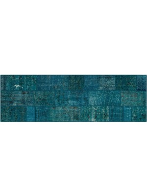 Mavi Patchwork Etnik Modern Desenli Yün Hav Toz Vermez Leke Tutmayan Salon Yolluk Mutfak El Dokuma Halı