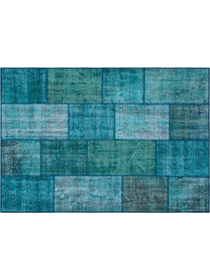 Turkuaz Patchwork Etnik Modern Desenli Yün Hav Toz Vermez Leke Tutmayan Salon Yolluk Mutfak El Dokuma Halı