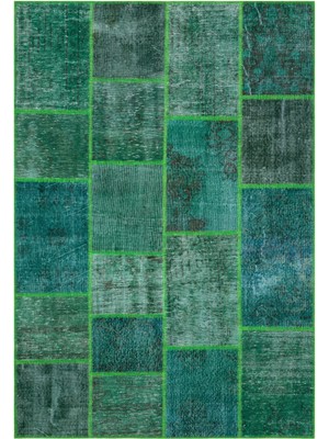 Iskece Yeşil Eskitme Etnik Modern Desenli Yün Hav Toz Vermez Leke Tutmayan Salon Yolluk Mutfak El Dokuma Halı