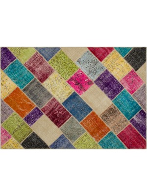 Sarı Patchwork Etnik Modern Desenli Yün Hav Toz Vermez Leke Tutmayan Salon Yolluk Mutfak El Dokuma Halı