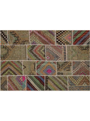 Kahverengi Patchwork Etnik Modern Desenli Yün Hav Toz Vermez Leke Tutmayan Salon Yolluk Mutfak El Dokuma Halı