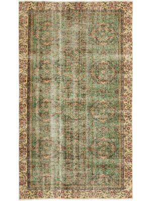 Bespoky 150x262 cm Bej Yeşil Geleneksel Vintage Çiçekli Halı | Salon Yatak Odası Halısı | UNİQUE-17489