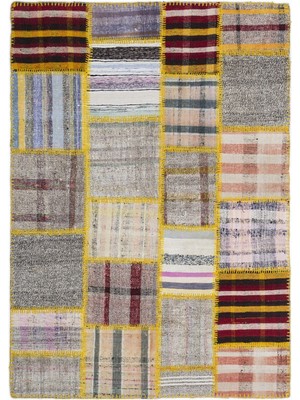 Teselya Bordo Patchwork Etnik Modern Desenli Yün Hav Toz Vermez Leke Tutmayan Salon Yolluk Mutfak El Dokuma Halı