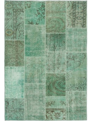 Iskece Yeşil Eskitme Etnik Modern Desenli Yün Hav Toz Vermez Leke Tutmayan Salon Yolluk Mutfak El Dokuma Halı