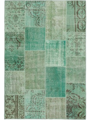 Iskece Yeşil Eskitme Etnik Modern Desenli Yün Hav Toz Vermez Leke Tutmayan Salon Yolluk Mutfak El Dokuma Halı