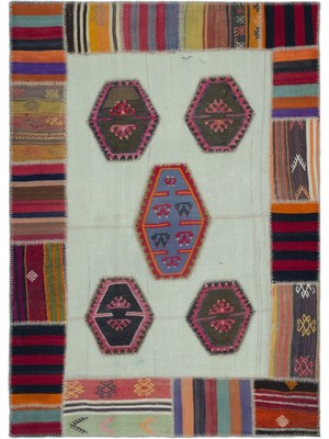 Bespoky 162x227 cm Çok Renkli Krem Yama Patchwork Geometrik Halı | Salon Yatak Odası Halısı | UNİQUE-25311