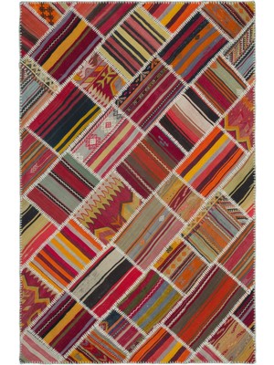 Bespoky 157x236 cm Mor Çok Renkli Yama İşi Etnik Geometrik Halı | Salon Yatak Odası Halısı | UNİQUE-25348