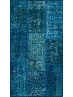 Bespoky 80x150 cm Kırmızı Turkuaz Patchwork Vintage Geleneksel Halı | Salon Mutfak Halısı | UNİQUE-26060