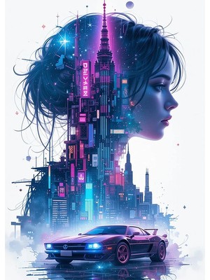 Bedeko Şehir Silüeti ve Çekici Kadın Ahşap Tablo