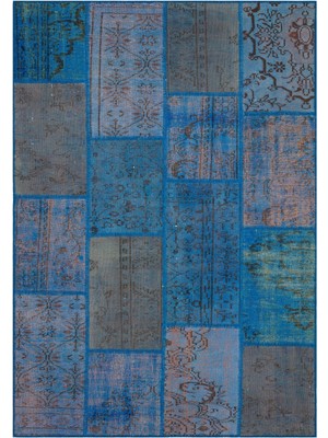 Bespoky 162x231 cm Çok Renkli Mavi Yama işi Patchwork Geleneksel Halı | Salon Yatak Odası Halısı | UNİQUE-35871