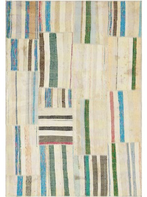 Hali.Net 157x225 cm Bej Krem Çizgili Bohem Patchwork Halı | Salon Yatak Odası Halısı | Hav Vermez | UNİQUE-36196