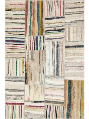 Girit Bej Çizgili Yün Modern Desenli Yün Hav Toz Vermez Leke Tutmayan Salon Yolluk Mutfak El Dokuma Halı