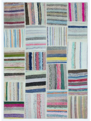 Hali.Net 160x222 cm Bej Çok Renkli Çizgili Bohem Patchwork Halı | Salon Yatak Odası Halısı | Hav Vermez | UNİQUE-25270
