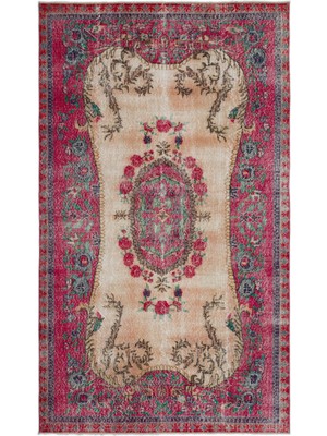 Hali.Net 163x280 cm Pembe Kırmızı Çiçekli Geleneksel Medalyonlu Halı | Salon Yatak Odası Halısı | Hav Vermez | UNİQUE-18638