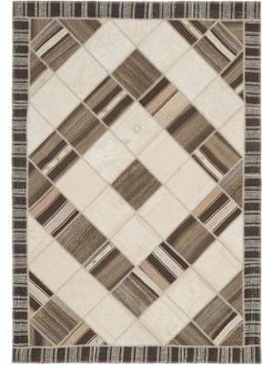 Vintage Bej Çerçeveli Yün Modern Desenli Yün Hav Toz Vermez Leke Tutmayan Salon Yolluk Mutfak El Dokuma Halı