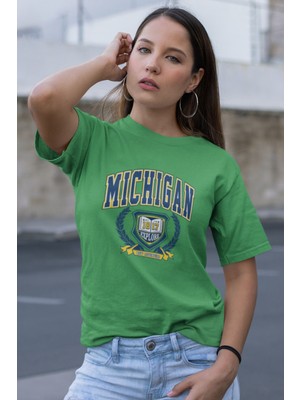 Mıchıgan 1817 Baskılı / Kadın Çok Renkli T-Shirt %100 Pamuk Regular Fıt Rahat Kalıp