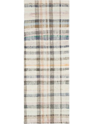 Hali.Net 87x236 cm Mavi Krem Geometrik Bohem Kareli Halı | Mutfak Koridor Halısı | Hav Vermez | UNİQUE-37250