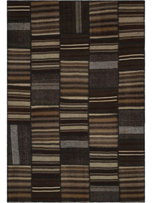 Hali.Net 202x298 cm Siyah Kahverengi Çizgili Etnik Patchwork Halı | Salon Yatak Odası Halısı | Hav Vermez | UNİQUE-22461