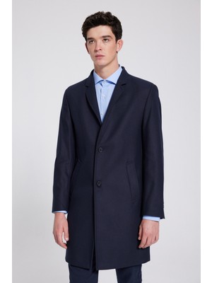 Twn Slim Fit Lacivert Düz Tek Yırtmaçlı Viskonlu Palto