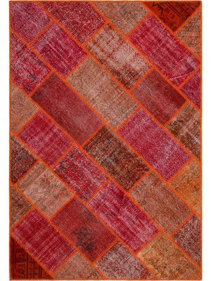 Hali.Net 160x230 cm Kırmızı Soyut Vintage Yama İşi Halı | Salon Yatak Odası Halısı | Hav Vermez | UNİQUE-26350