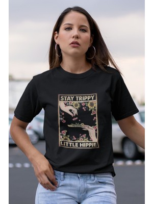 Stay Trıppy Baskılı / Kadın Çok Renkli T-Shirt %100 Pamuk Regular Fıt Rahat Kalıp
