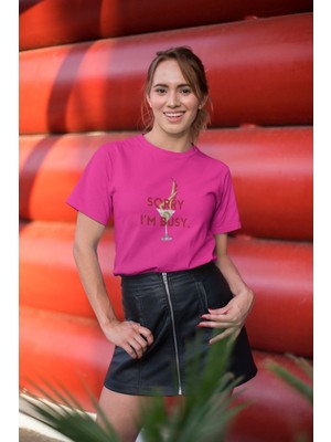 Sorry I'm Bussy Baskılı / Kadın Çok Renkli T-Shirt %100 Pamuk Regular Fıt Rahat Kalıp