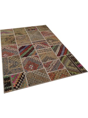 Kahverengi Patchwork Etnik Modern Desenli Yün Hav Toz Vermez Leke Tutmayan Salon Yolluk Mutfak El Dokuma Halı