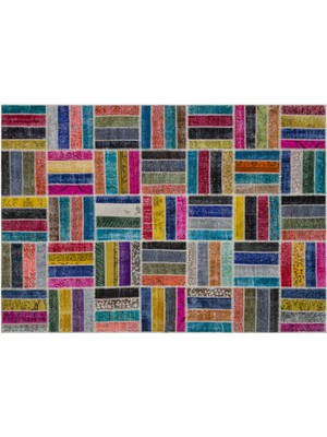 Mavi Patchwork Yün Modern Desenli Yün Hav Toz Vermez Leke Tutmayan Salon Yolluk Mutfak El Dokuma Halı