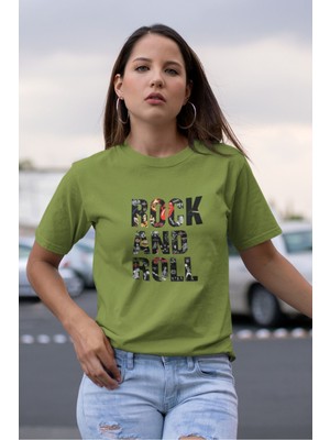 Rock And Roll Baskılı / Kadın Çok Renkli T-Shirt %100 Pamuk Regular Fıt Rahat Kalıp