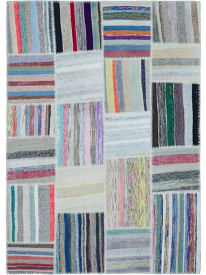 Hali.Net 160x223 cm Bej Çok Renkli Çizgili Bohem Patchwork Halı | Salon Yatak Odası Halısı | Hav Vermez | UNİQUE-25468