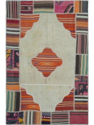 Hali.Net 120x181 cm Çok Renkli Krem Geometrik Etnik Yama Halı | Salon Yatak Odası Halısı | Hav Vermez | UNİQUE-25118