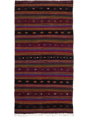 Hali.Net 175x347 cm Mavi Bordo Etnik Etnik Çizgili Halı | Salon Halısı | Hav Vermez | UNİQUE-927