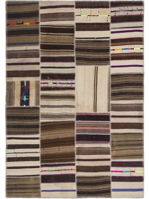 Teselya Bej Çizgili Etnik Modern Desenli Yün Hav Toz Vermez Leke Tutmayan Salon Yolluk Mutfak El Dokuma Halı