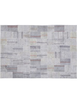 Bespoky Açık gri Yama işi Patchwork Çizgili Halı | Salon Yatak Odası Halısı | UNİQUE-1108