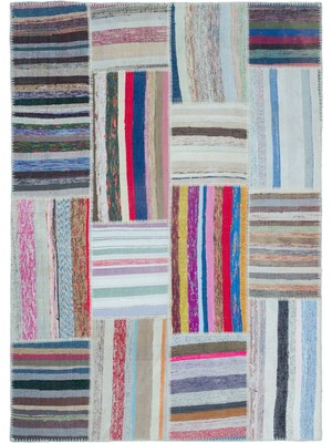 Hali.Net 160x224 cm Mavi Çok Renkli Çizgili Bohem Patchwork Halı | Salon Yatak Odası Halısı | Hav Vermez | UNİQUE-25451
