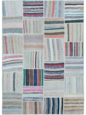 Hali.Net 160x222 cm Bej Çok Renkli Çizgili Bohem Yama İşi Halı | Salon Yatak Odası Halısı | Hav Vermez | UNİQUE-25401