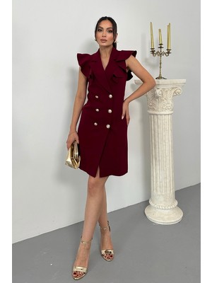 Kadın Elbise Kısa Kruvaze Yaka Volan Kol Fırfırlı Düğme Detaylı Ceket Elbise