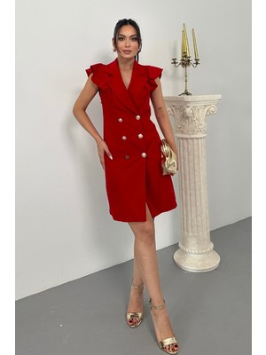 Kadın Elbise Kısa Kruvaze Yaka Volan Kol Fırfırlı Düğme Detaylı Ceket Elbise