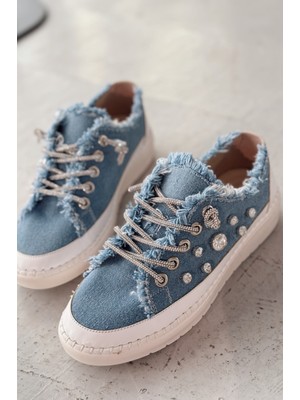 Monove Taş Detaylı Mavi Jean Kadın Spor Ayakkabı