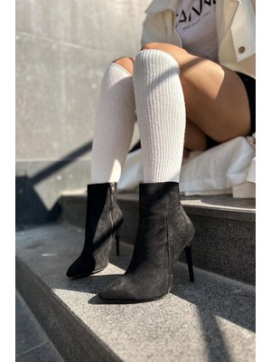 Vonce Süet Fermuar Detaylı Ince Topuklu Kadın Bot Siyah